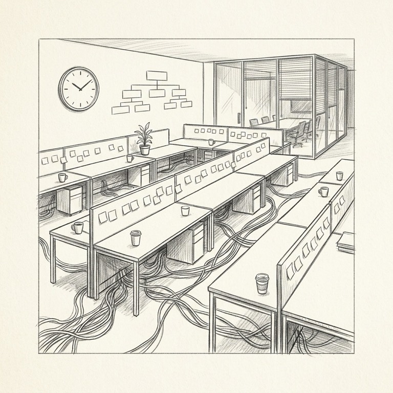 Pencil sketch of an open-plan office floor