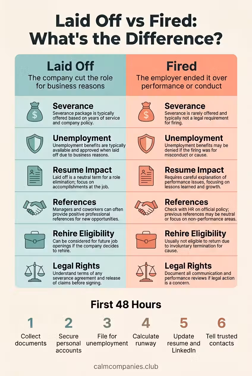 Side-by-side comparison infographic of getting laid off versus getting fired, covering severance, unemployment benefits, and resume impact.